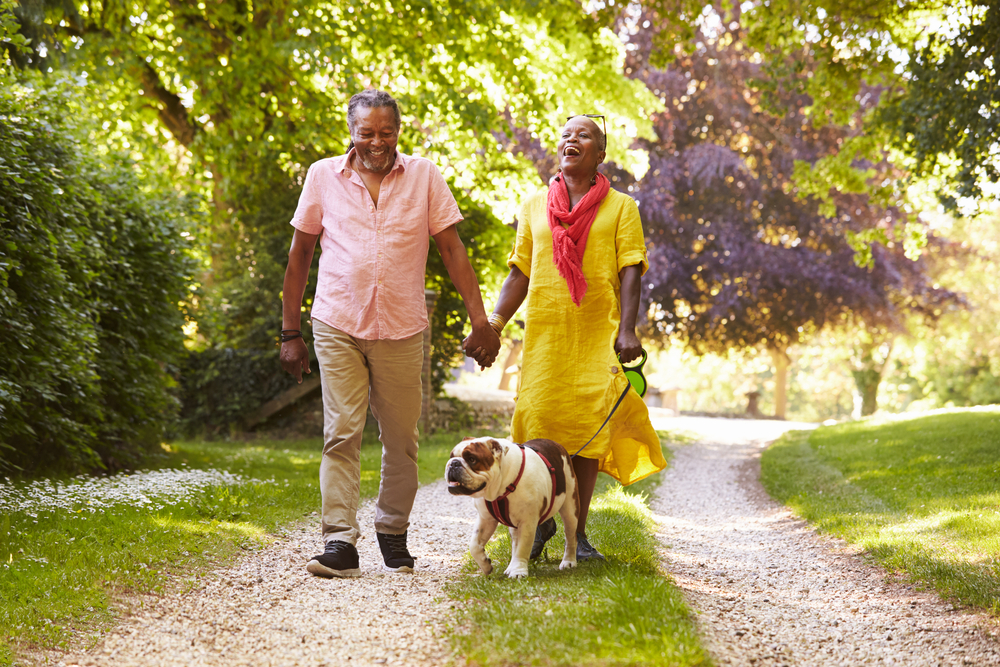 A senior couple walking their dog
